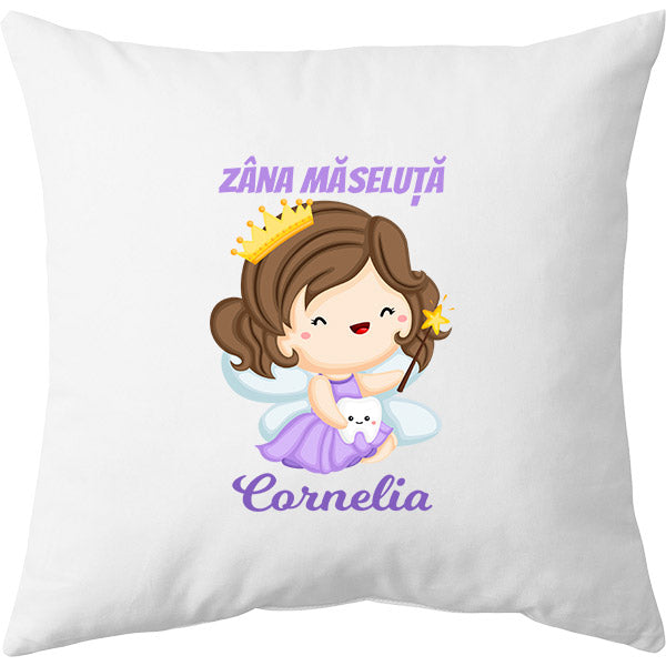 Pernă bumbac personalizată 40x40cm Zâna Măseluță + Nume