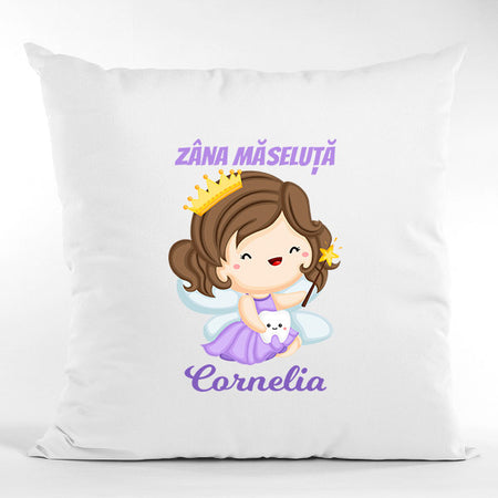 Pernă bumbac personalizată 40x40cm Zâna Măseluță + Nume